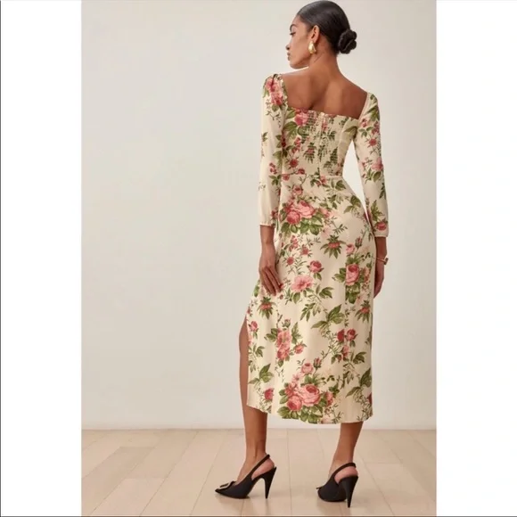Reformation Hilda Floral Print Ruched Smocked Midi Dress In Jardin NWT Size 10 - Picture 4 of 15